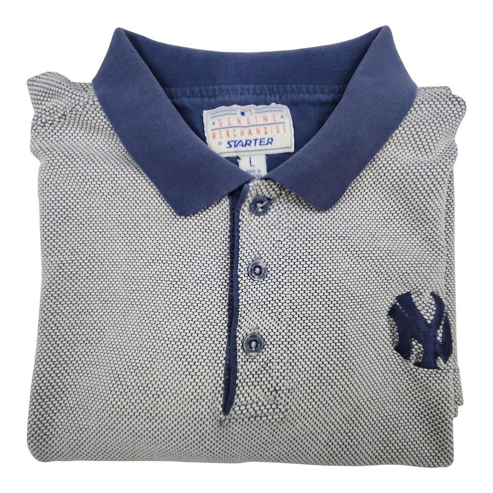 Vintage 90s Starter New York Yankees Polo Shirt Sz L Blue Gray MLB Sportswear